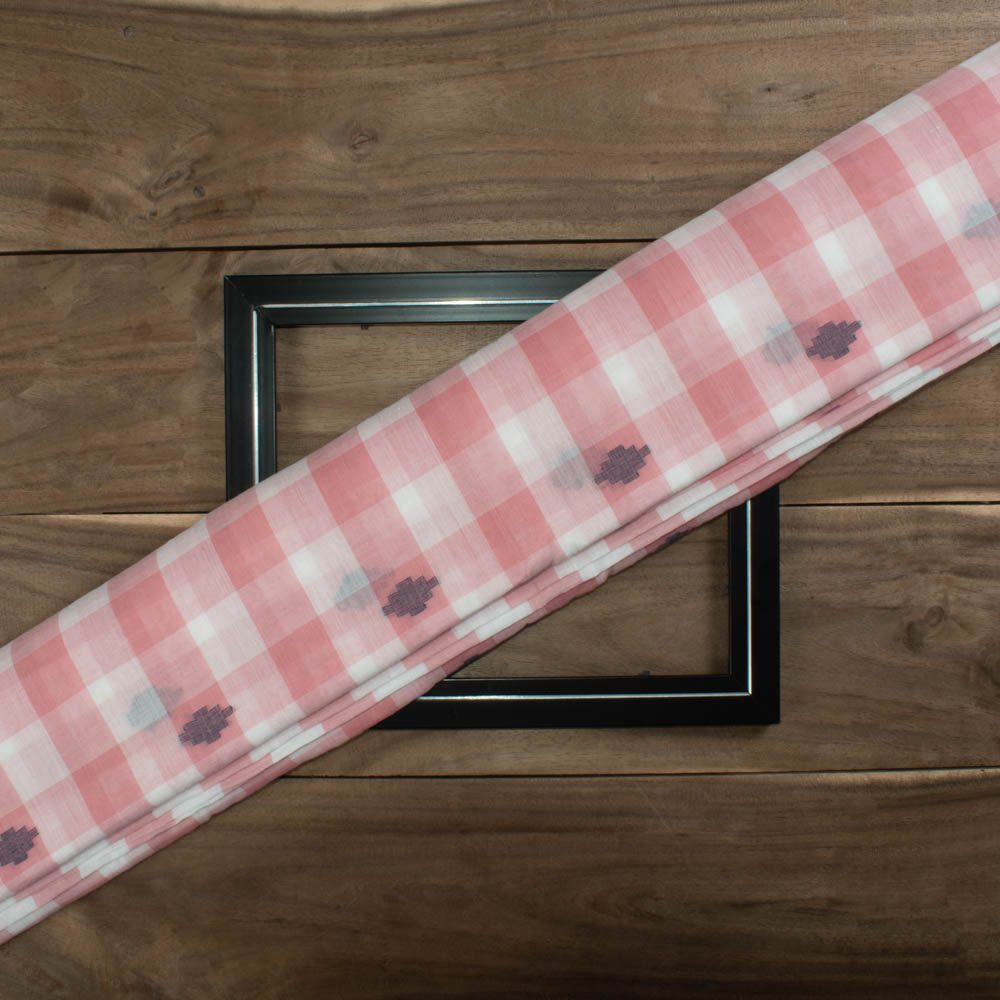 Check White Pink Jamdani Pure Cotton 55 GSM Handwoven Fabric 342