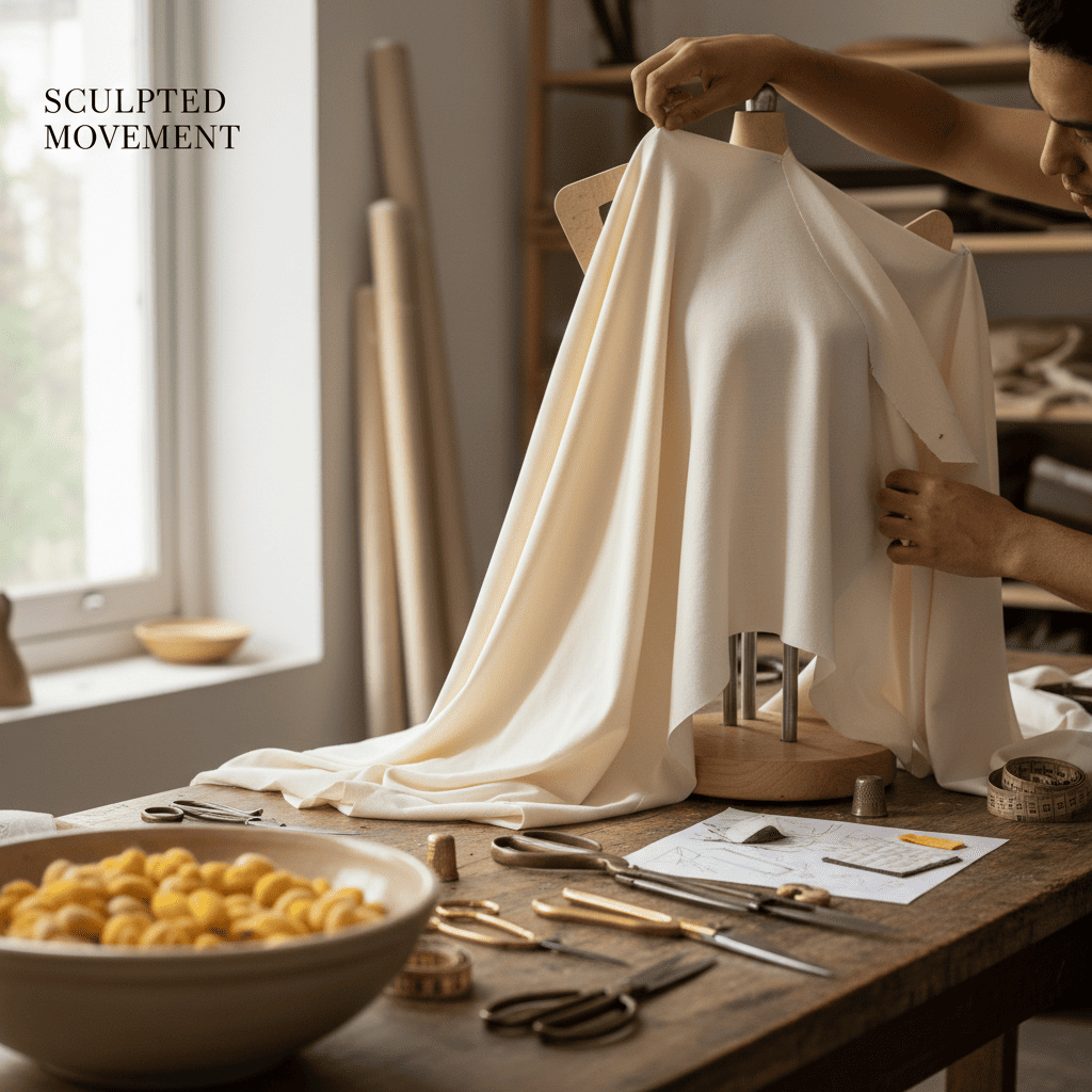 Eri silk fabric showcasing a bouncy drape and fluid garment silhouette for movement.