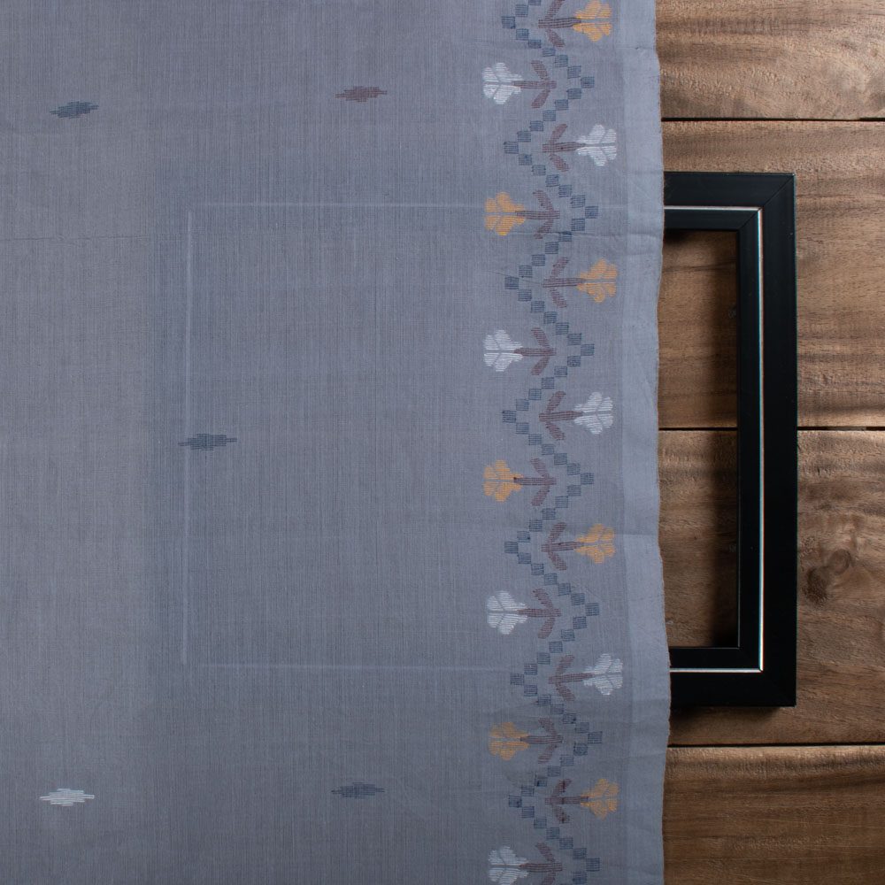 Grey Base Flower Jamdani Pure Cotton 55 GSM Handwoven Fabric