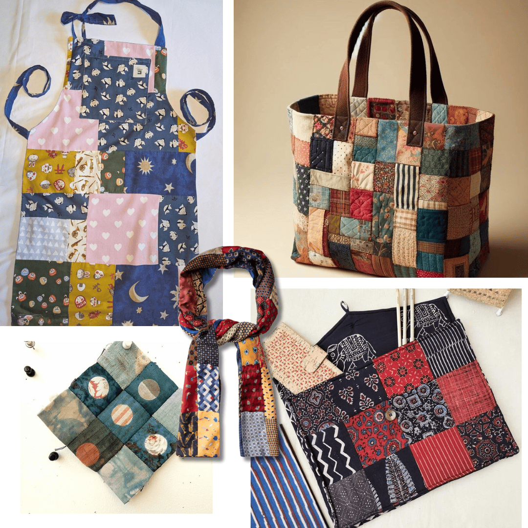 Aprons, scarfs, bags, pillow covers -made out of scrap textiles