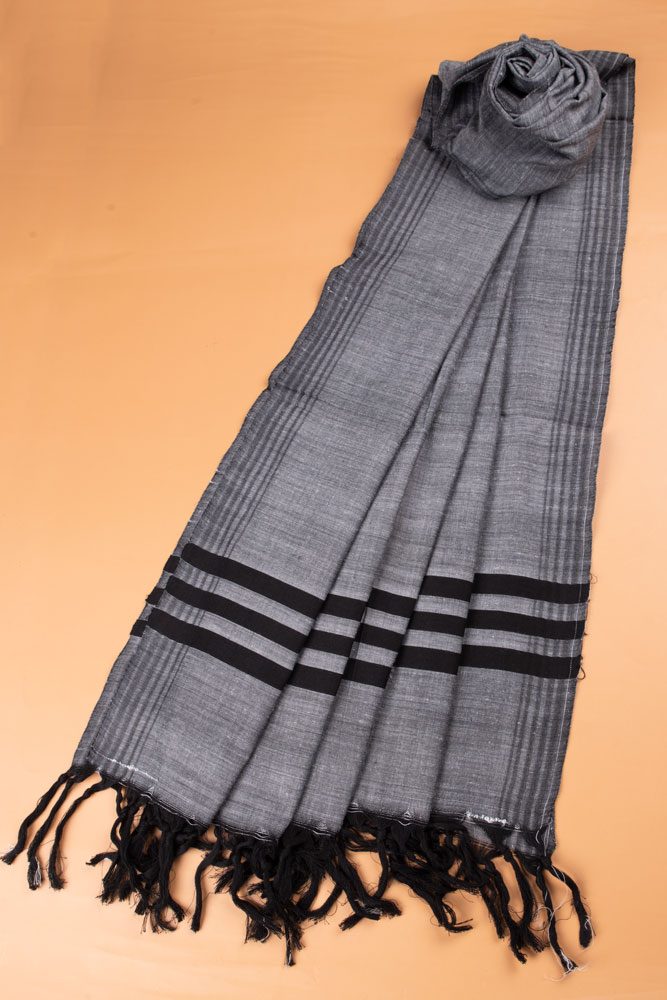 STRIPE GREY BLACK HANDWOVEN PURE COTTON SCARF