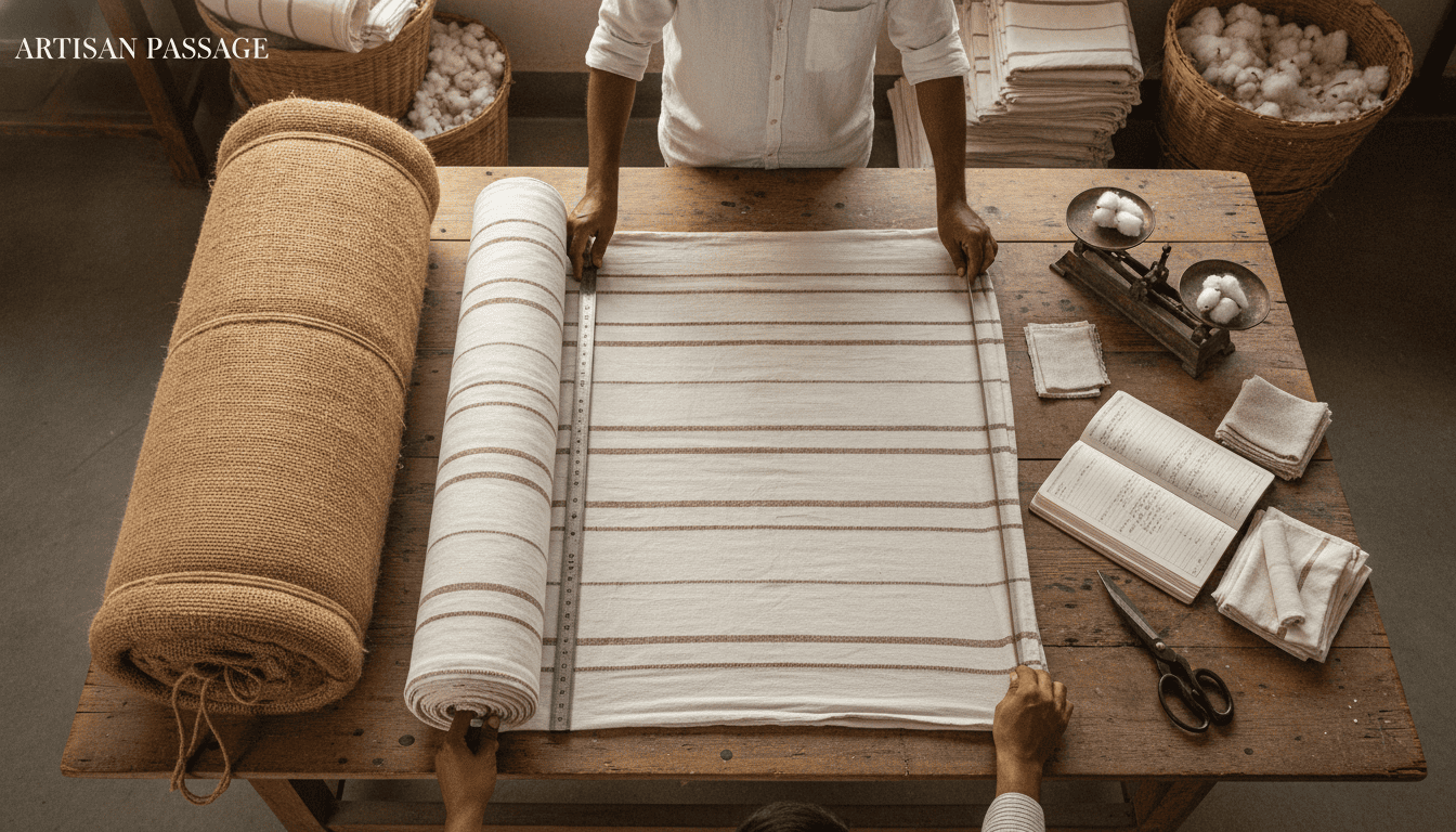 Wholesale cotton fabric rolls packed for export shipping from India.