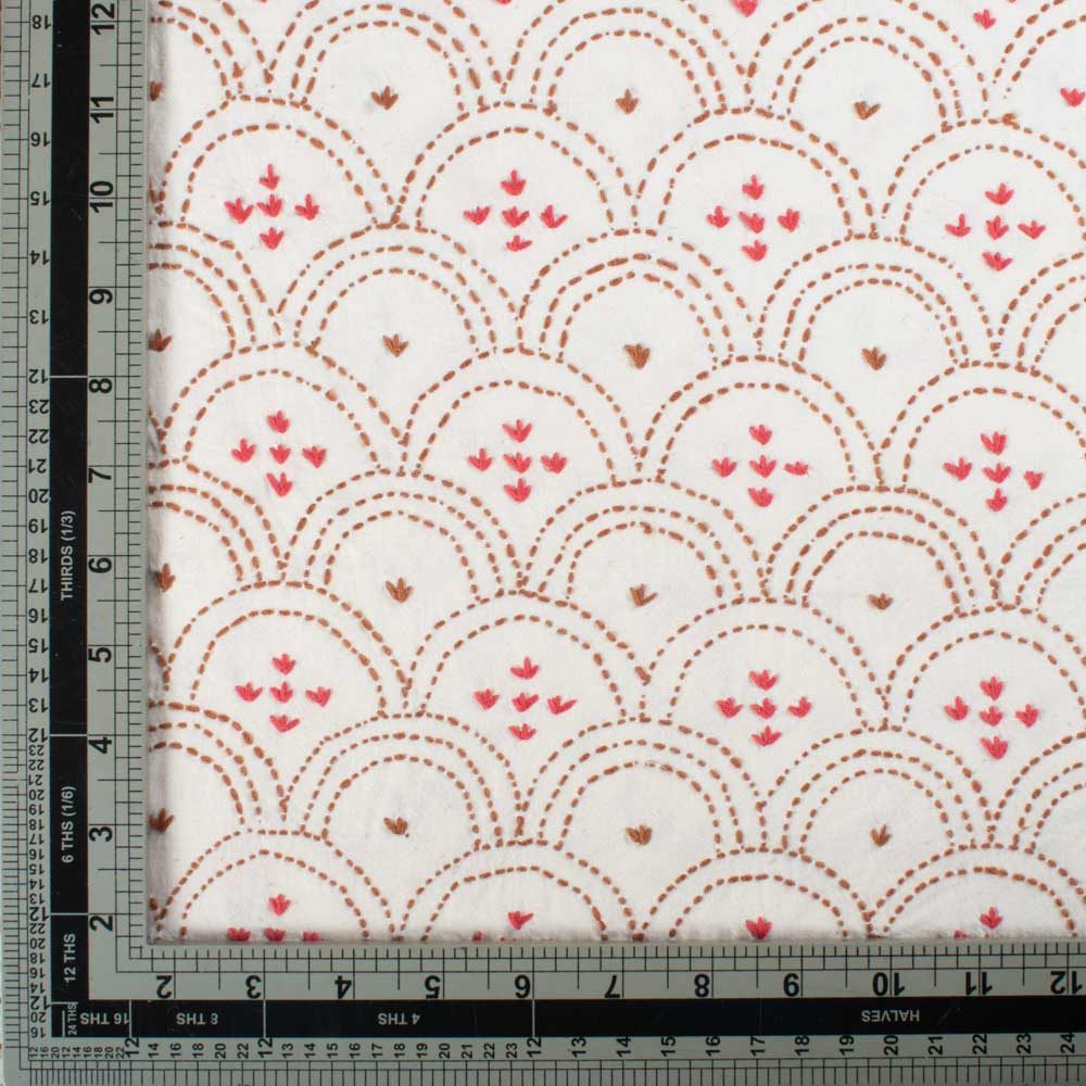 Scallop White Embroidered Khadi Cotton 190 GSM Kantha Fabric