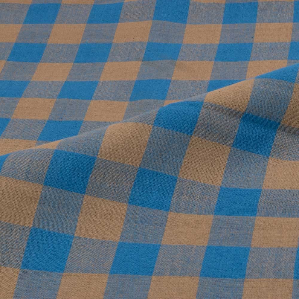 Check Tan and Blue Pure Cotton 95 GSM Handwoven Fabric