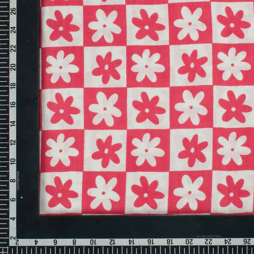 Floral Red White Screenprinted Pure Khadi 90 GSM Handwoven Fabric