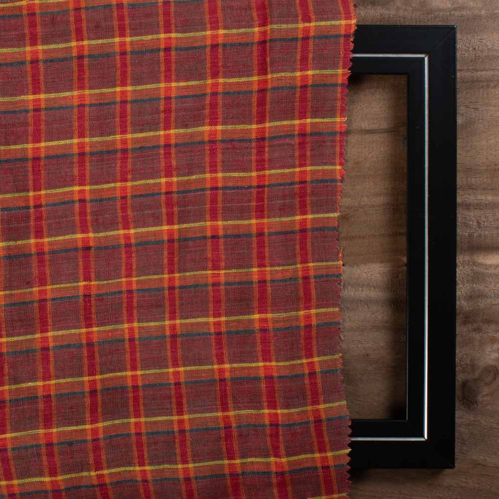 CHECK MAROON PURE LINEN 116 GSM HANDWOVEN FABRIC