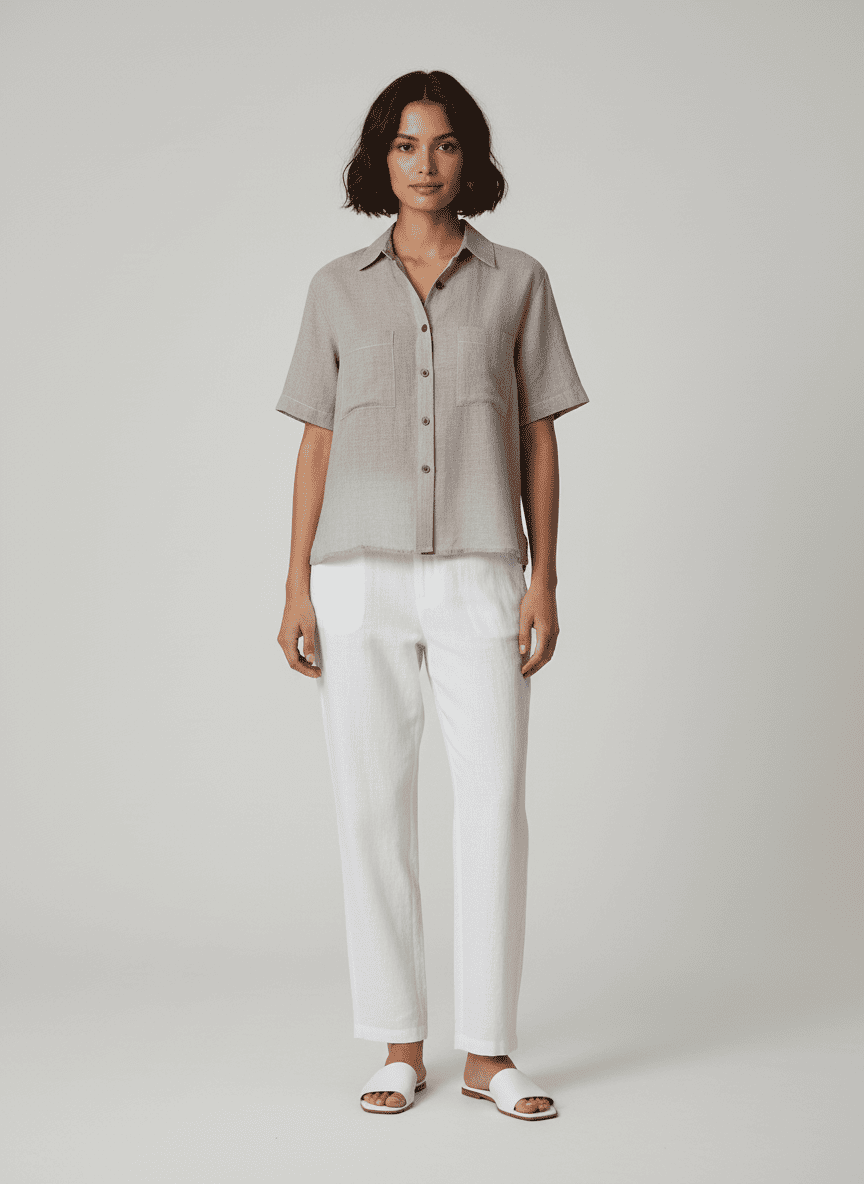Crop Shirt With double side pocket -Short Sleeves-Center Placket