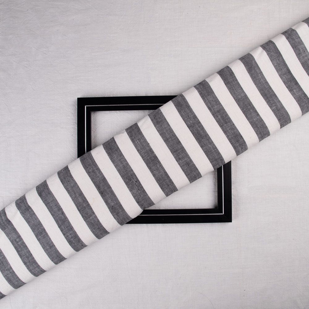 Stripe Black & White Pure Khadi 201 GSM Handspun & Handwoven Fabric