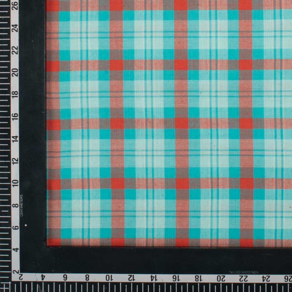 Check White Blue Orange Pure Cotton 105 GSM Handwoven Fabric