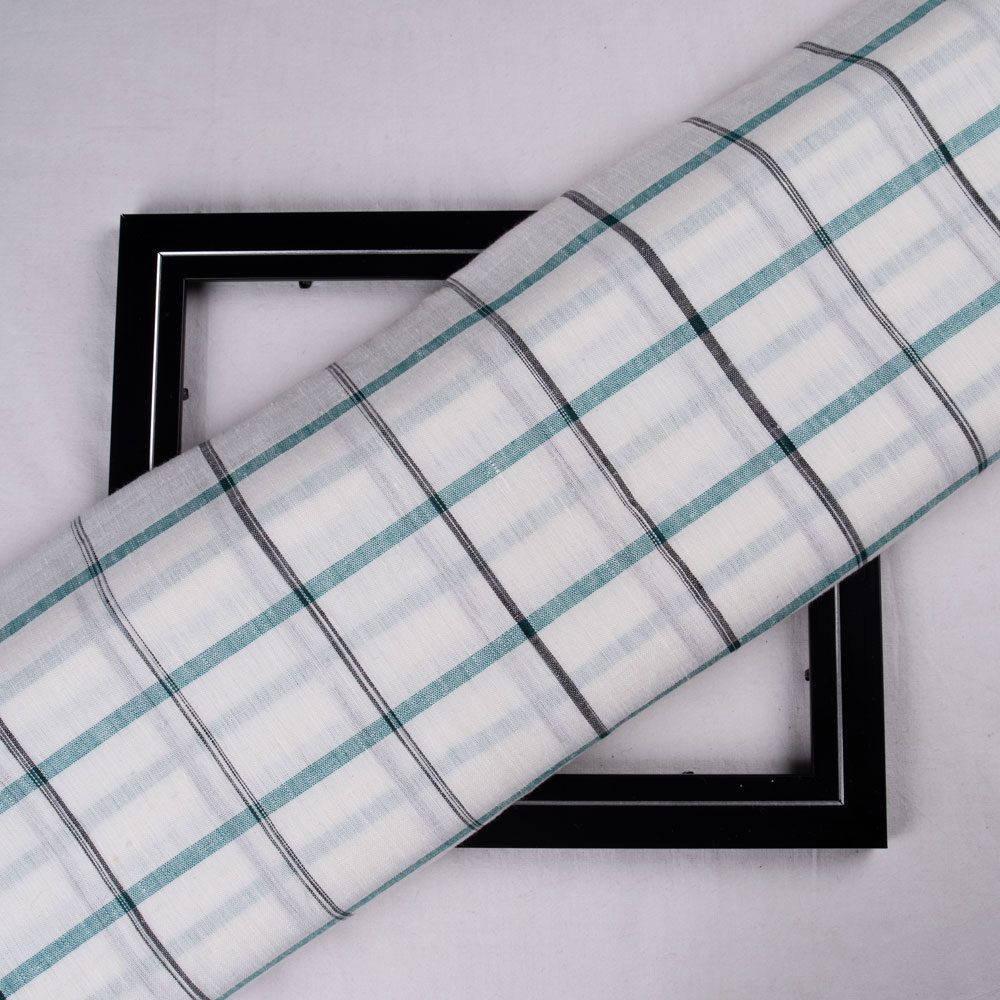 Check White Teal & Black Linen Cotton 121 GSM Handwoven Fabric