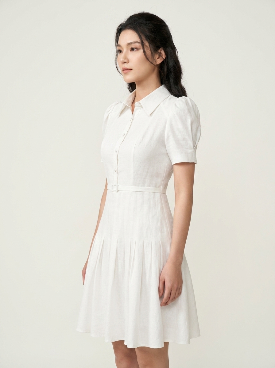 Pleated Polo Neck Dress With Top Gathered Sleeves
