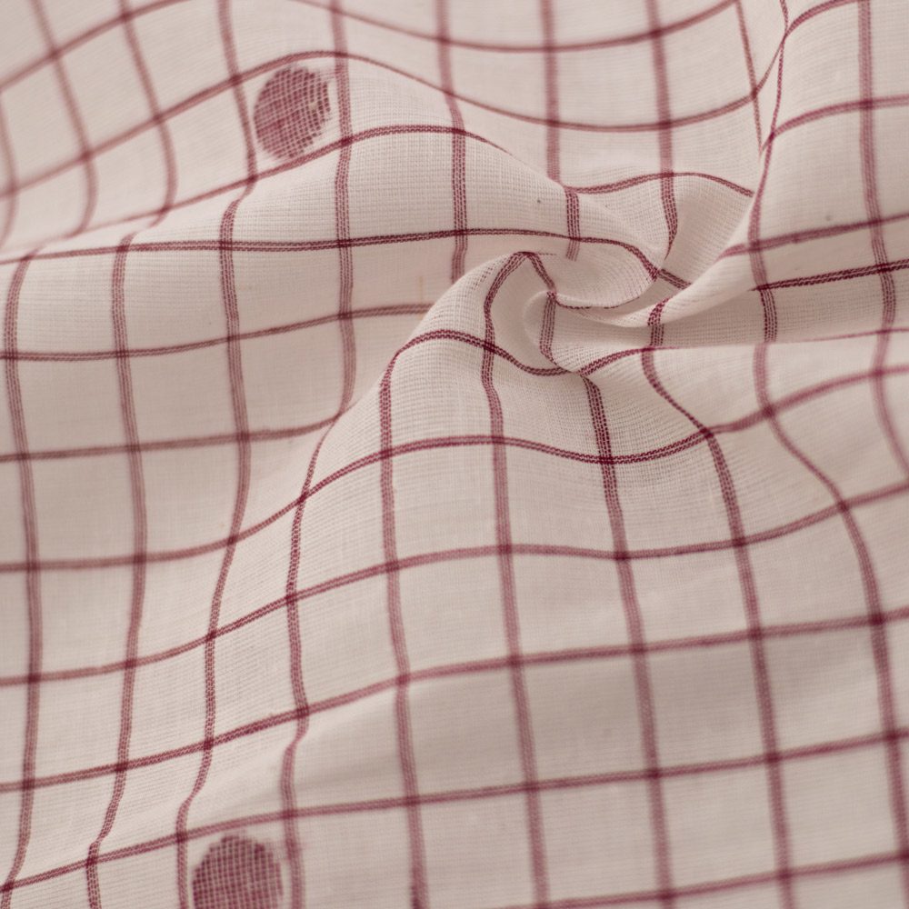 Geometric Check Cream & Red Jamdani Pure Cotton 55 GSM Fabric 19