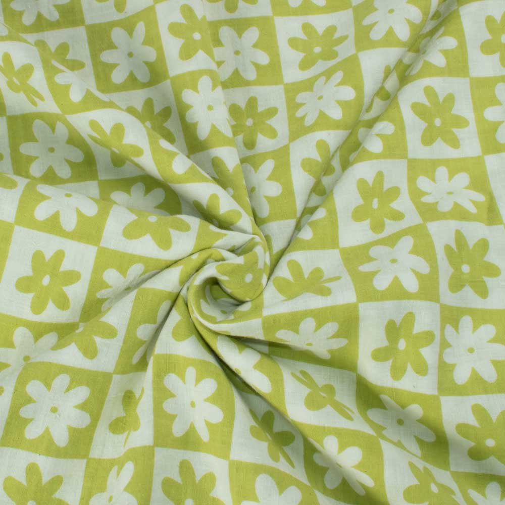 Floral Light Green White Screenprinted Pure Khadi 90 GSM Handwoven Fabric