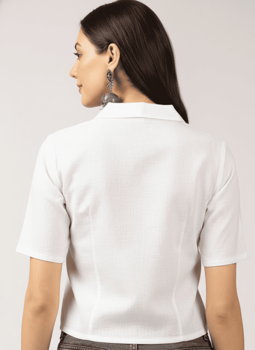 Half Sleeve Open Collar Cropped Shirt Top