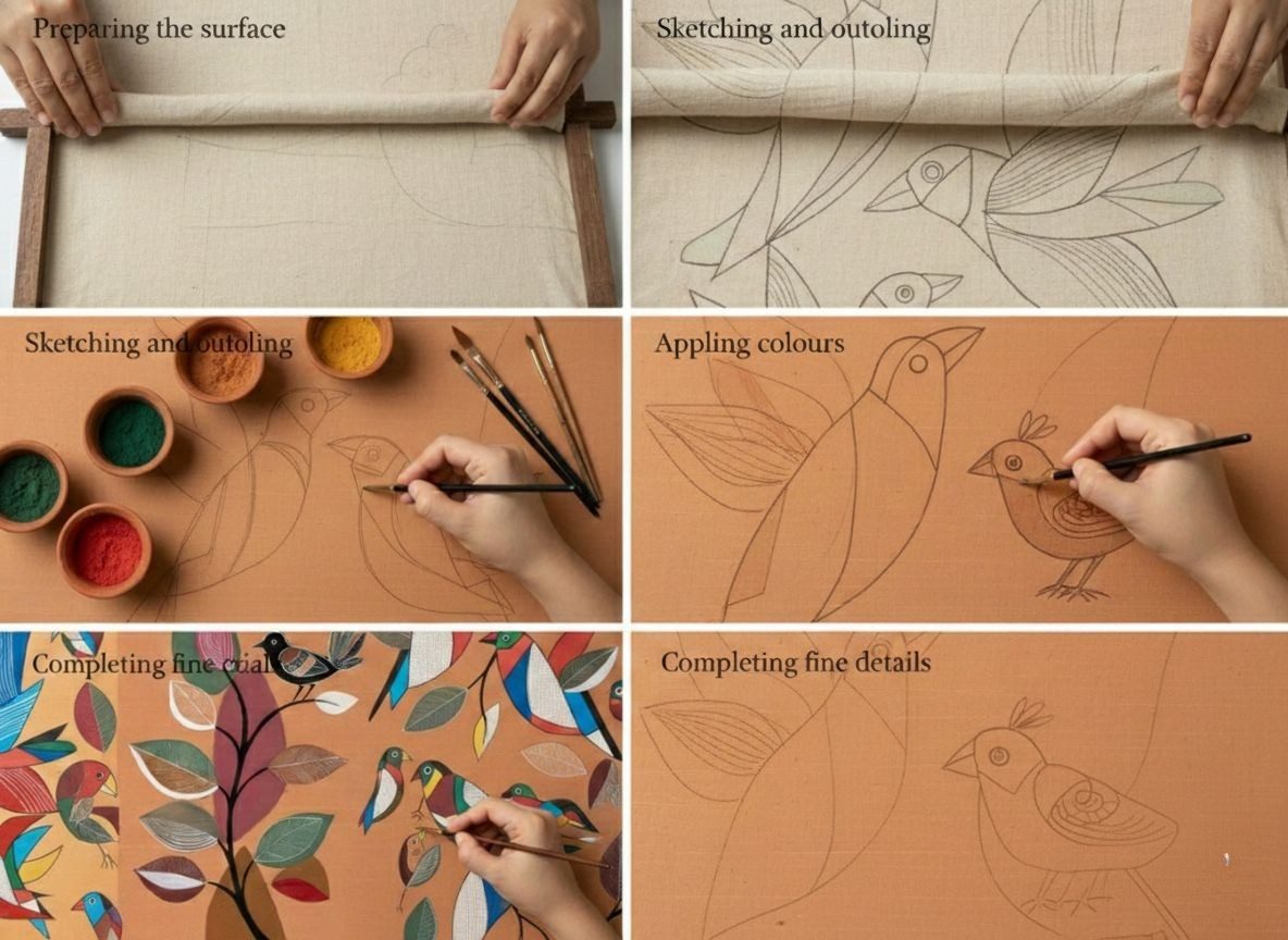 Step by step process of creating Patachittro art from surface preparation to detailed finishing