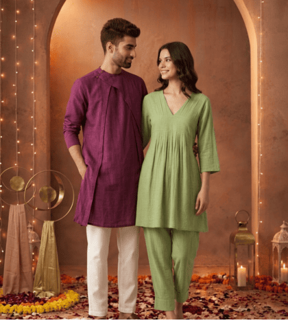 Pairing  V Neck Pleated Co-ord Set for women  alongside the Layered Men's Kurta With High Neck 