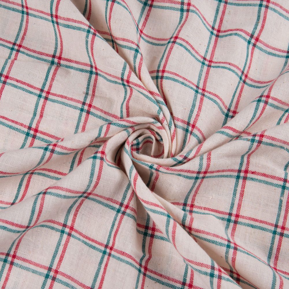 Check White Red & Green Khadi Cotton 98 GSM Handwoven Fabric