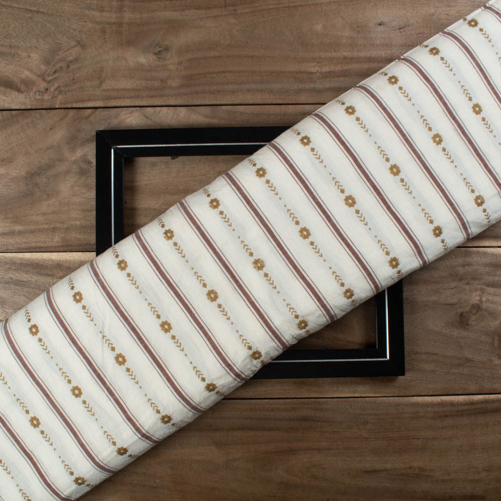 Stripe Yellow Floral Extra Warp 90 GSM Pure Cotton Jacquard Fabric