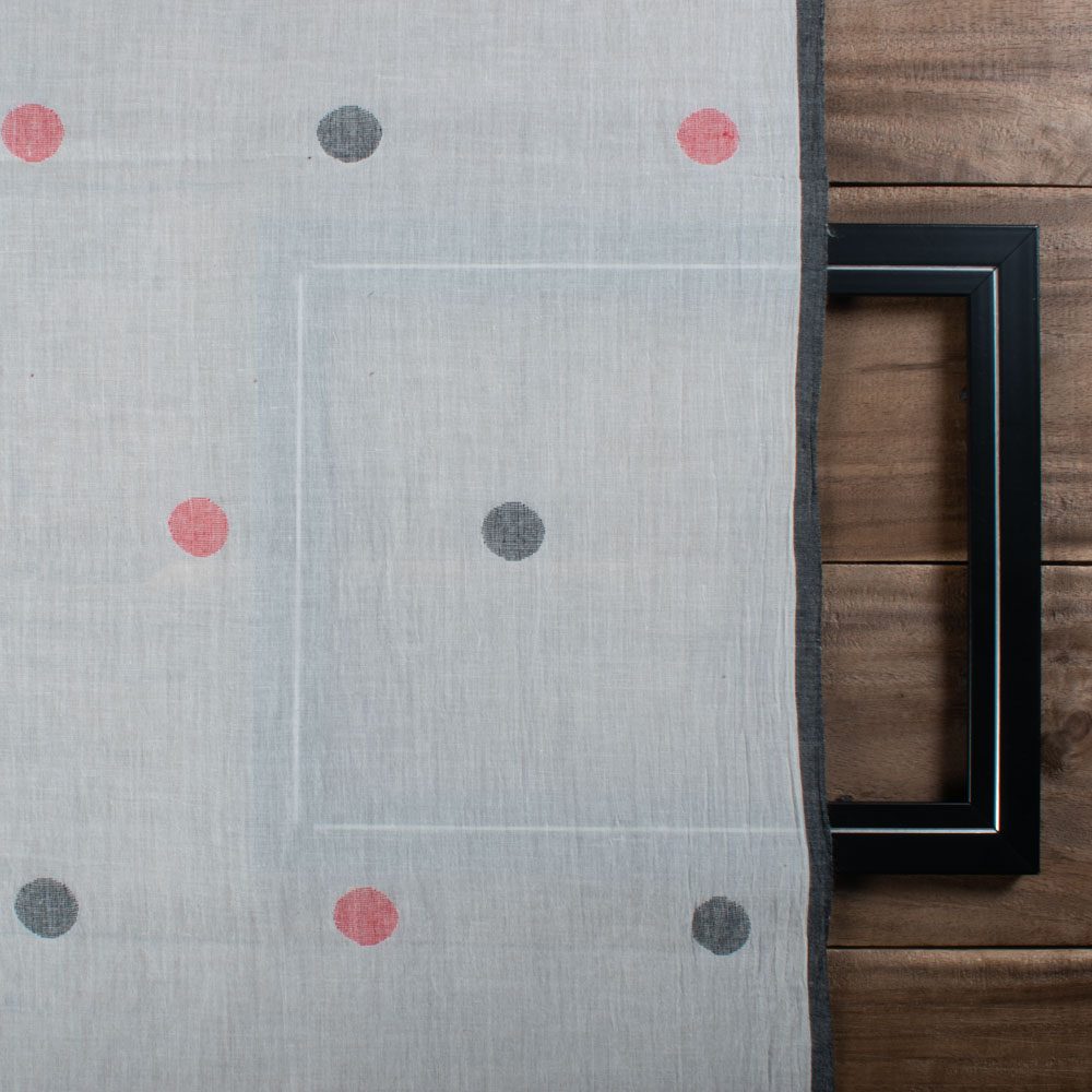 White Base Black & Red Circle Pure Cotton 55 GSM Handwoven Jamdani Fabric