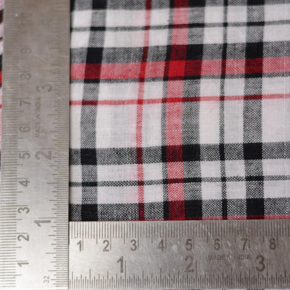 CHECK BLACK RED & WHITE PURE COTTON 90 GSM HANDWOVEN FABRIC