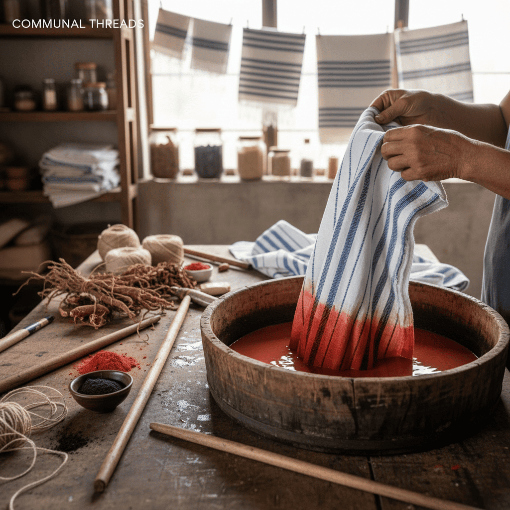 Women preparing old cotton saree strips for traditional Khesh upcycled fabric weaving