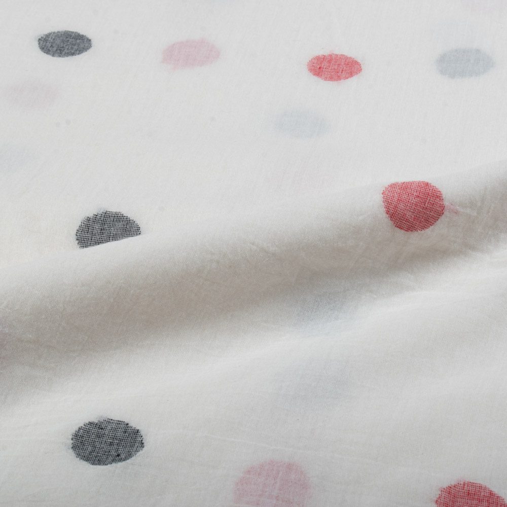 White Base Black & Red Circle Pure Cotton 55 GSM Handwoven Jamdani Fabric