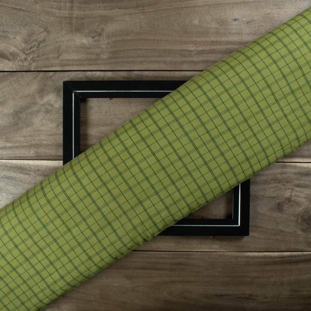 Check Pista Green & Deep Green Khadi Cotton 160 GSM Handwoven Fabric