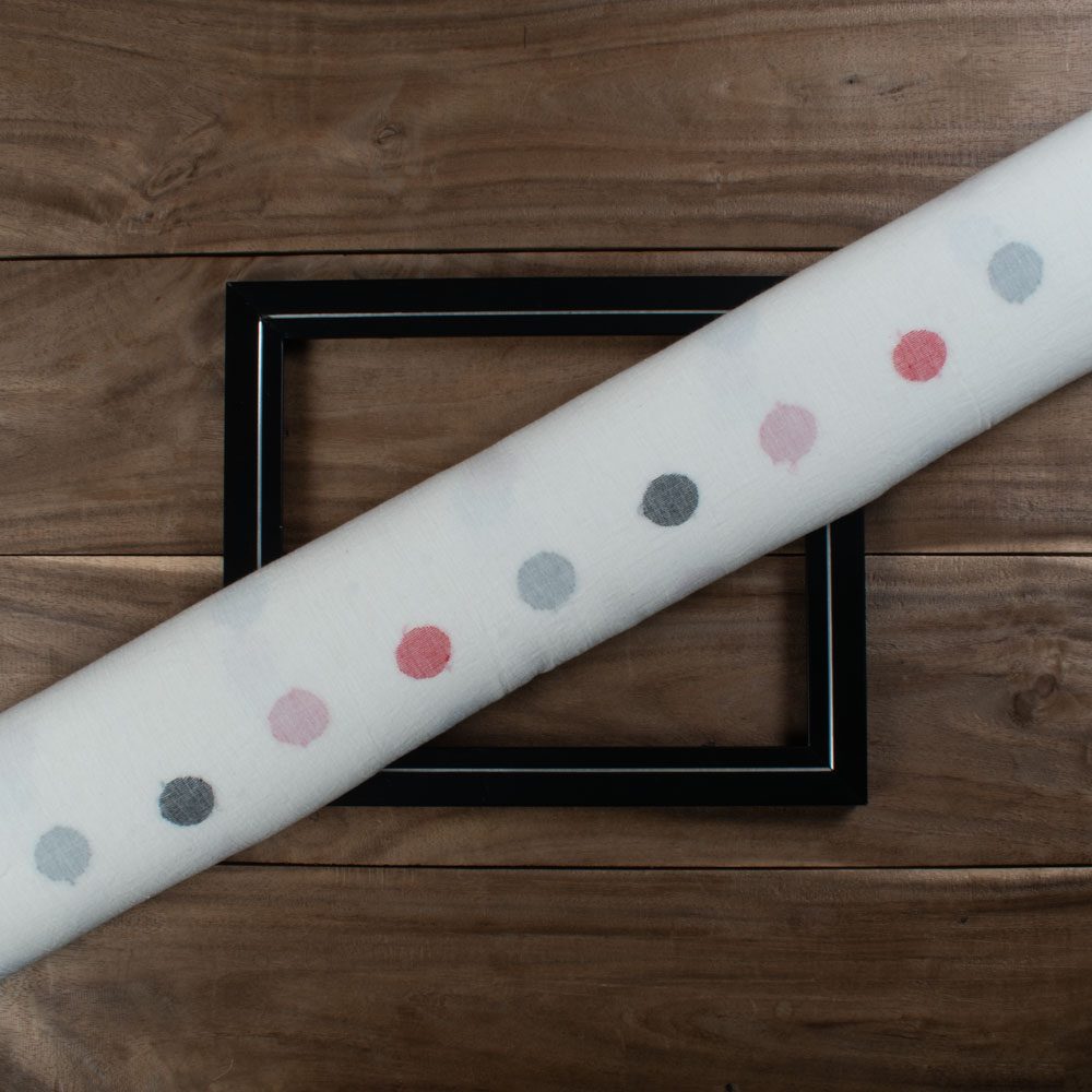 White Base Black & Red Circle Pure Cotton 55 GSM Handwoven Jamdani Fabric