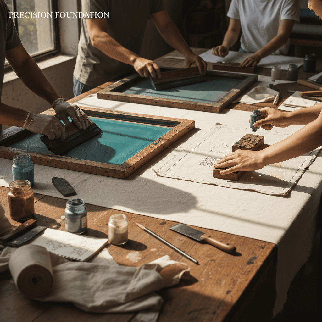 Long padded printing table setup for continuous hand screen printing on khadi fabric