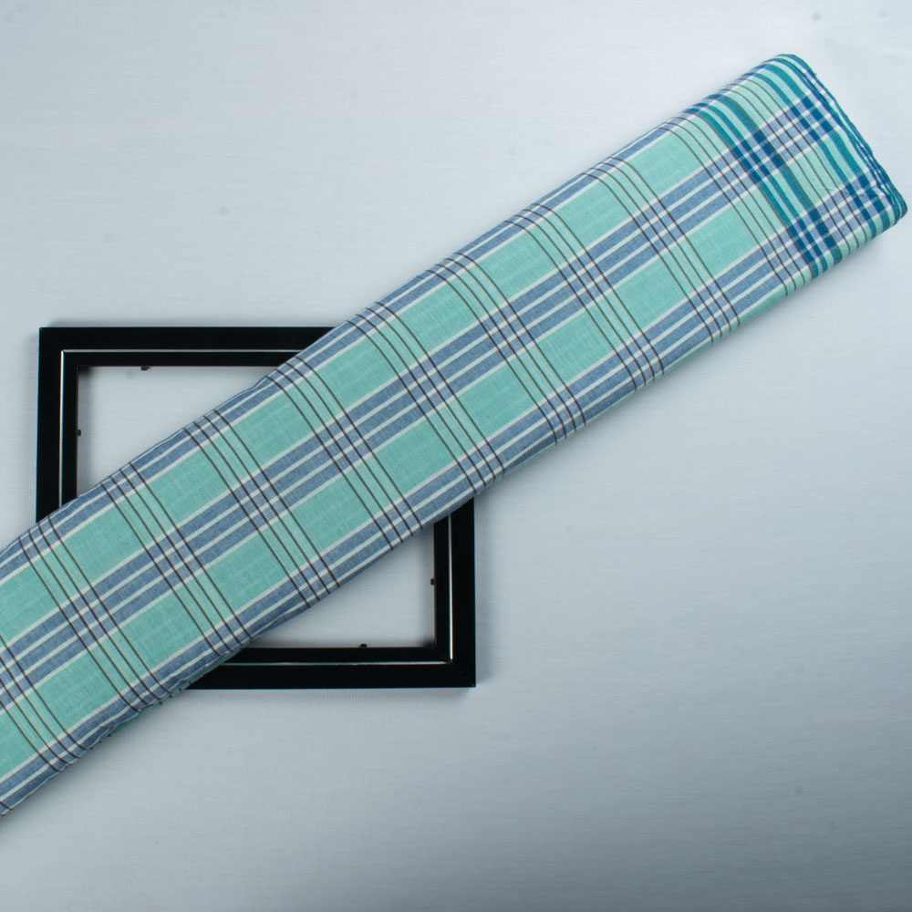 Check White Blue and Green Pure Cotton 100 GSM Handwoven Fabric