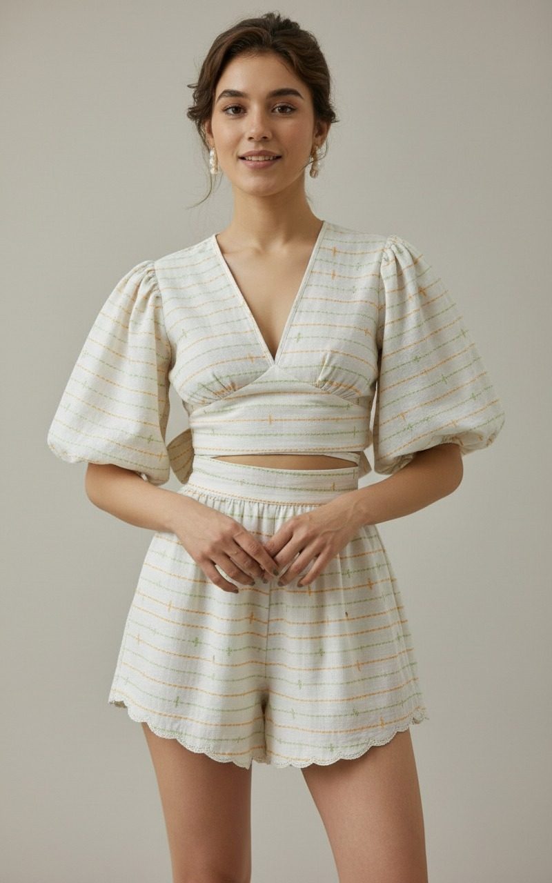 Balloon Sleeves Co-ord Set With Cut Work Shorts