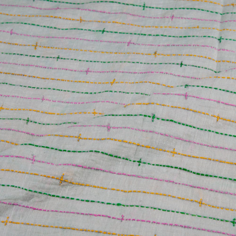 STRIPE WHITE KANTHA EMBROIDERED KHADI COTTON 115 GSM HANDWOVEN FABRIC