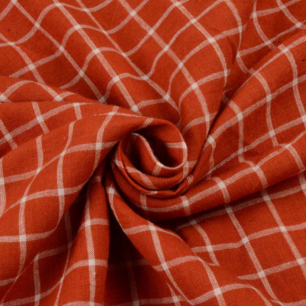 Check Orange & White Pure Cotton 87 GSM Handwoven Fabric