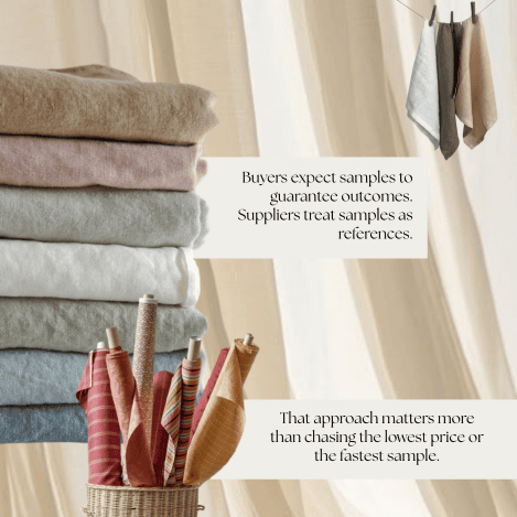 Fabric buyer and supplier aligning expectations during wholesale sampling and production planning