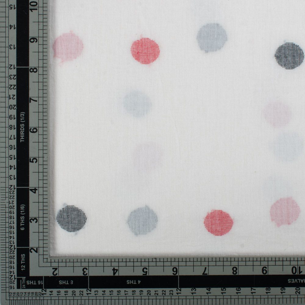 White Base Black & Red Circle Pure Cotton 55 GSM Handwoven Jamdani Fabric