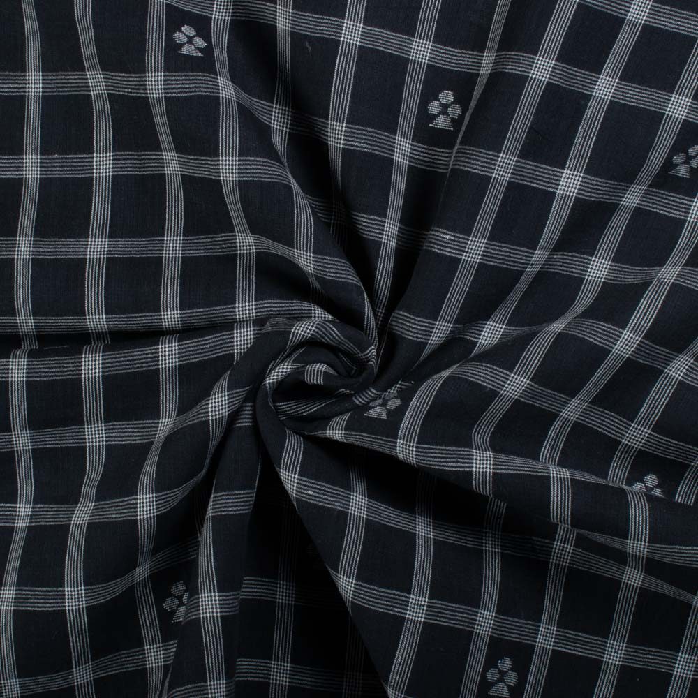 Black Base White Check Jamdani Pure Cotton 70 GSM Handwoven Fabric