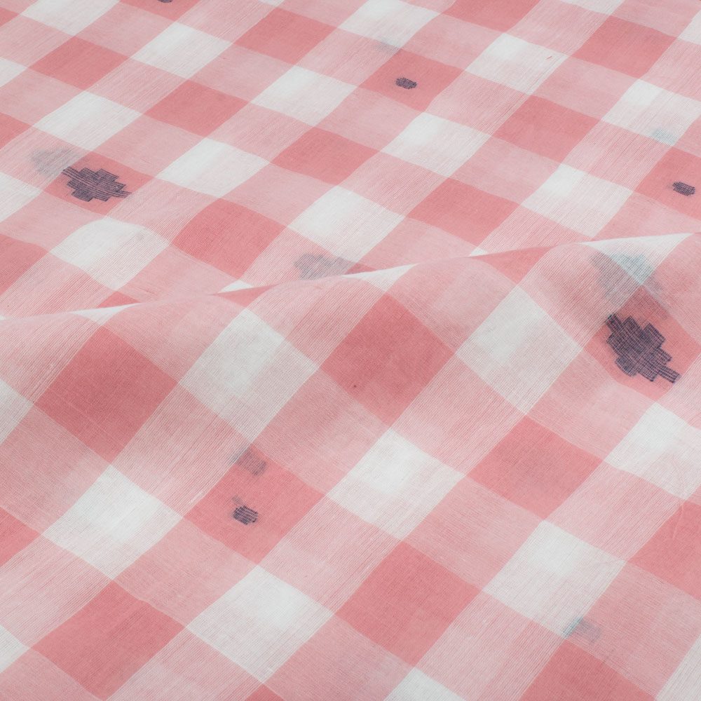 Check White Pink Jamdani Pure Cotton 55 GSM Handwoven Fabric 342
