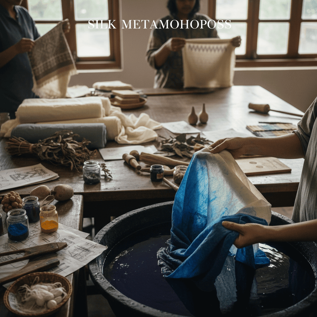 Step-by-step collage showing the sustainable eri silk production workflow for designers.