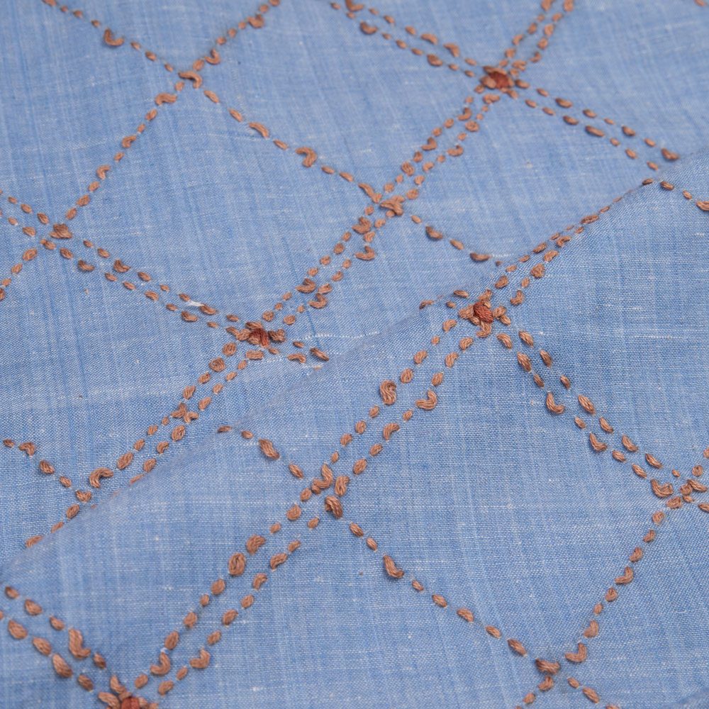 Cotton khadi fabric featuring Kantha embroidery in a check pattern