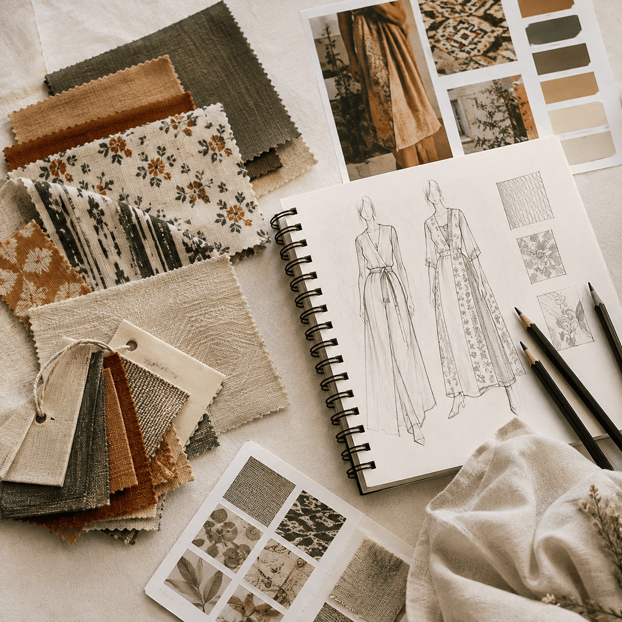 Fashion sketchbooks and fabric swatches for clothing design