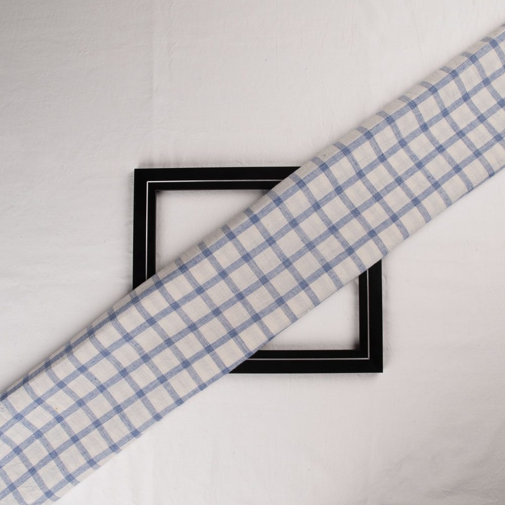 Check Cream & Blue Pure Cotton 93 GSM Handwoven Fabric