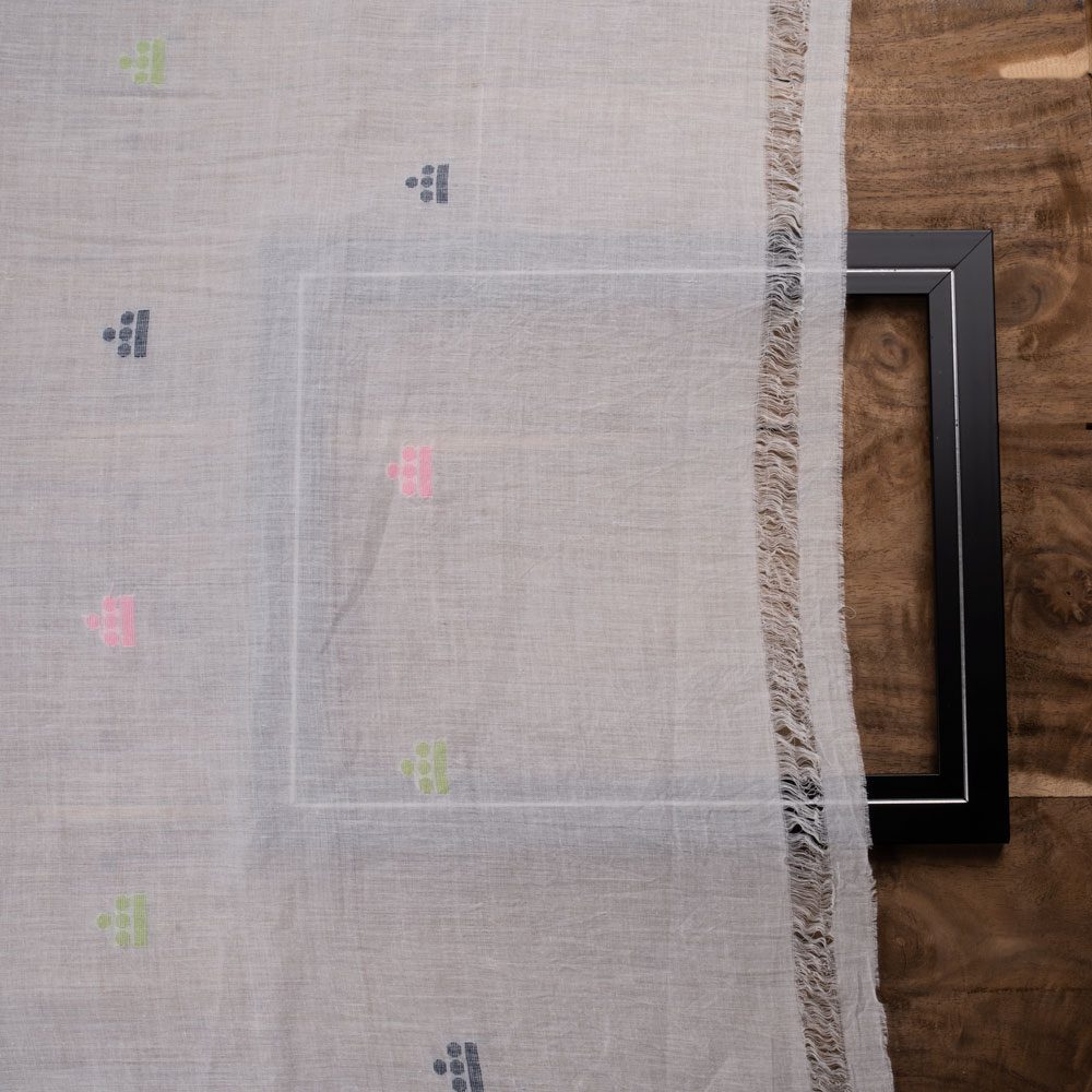 GEOMETRIC WHITE JAMDANI PURE COTTON 55 GSM HANDWOVEN FABRIC
