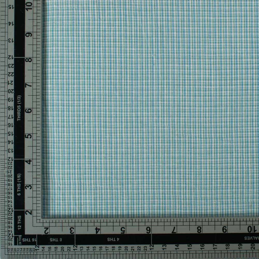 Check Sky Green & White Pure Cotton 100 GSM Handwoven Fabric