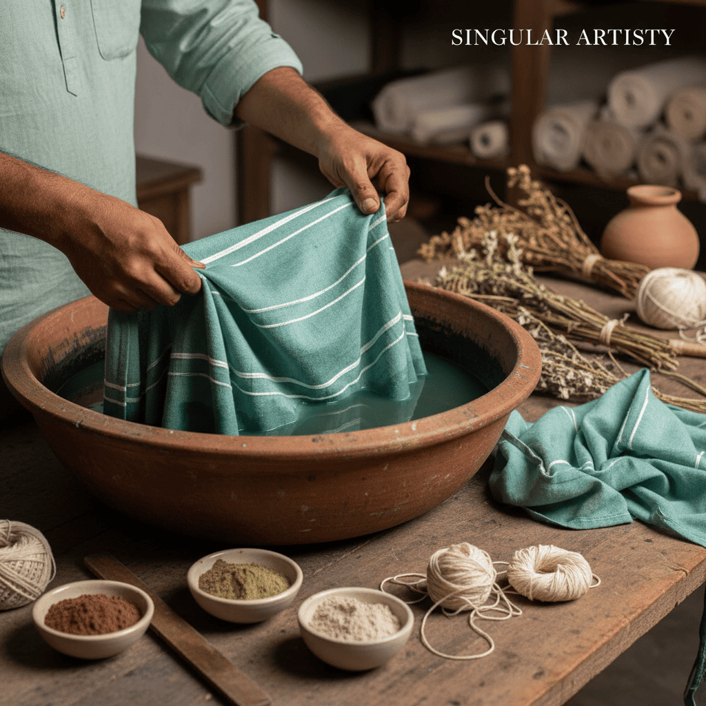 Close-up of Khesh fabric showing natural color variation and textured recycled saree strips