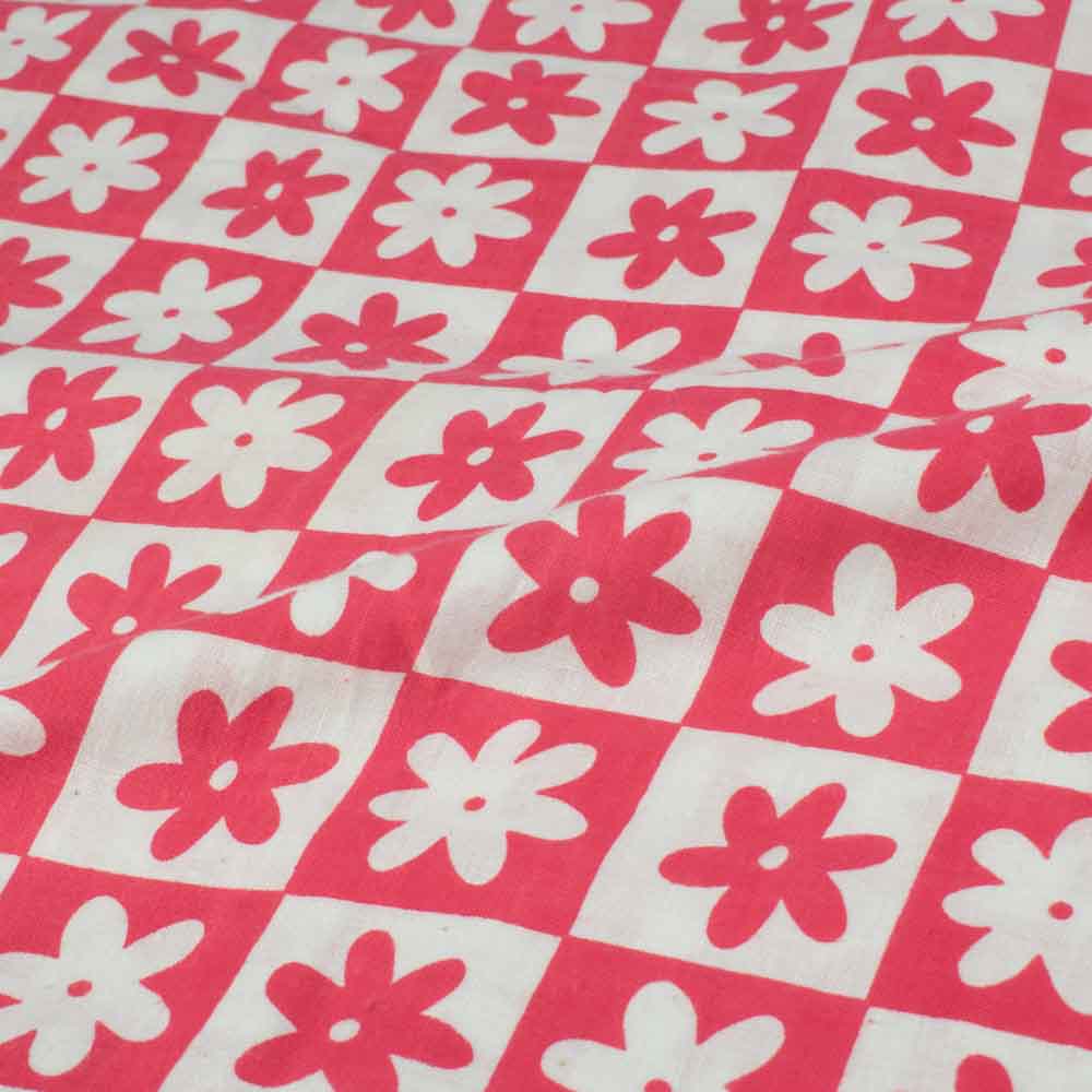 Floral Red White Screenprinted Pure Khadi 90 GSM Handwoven Fabric