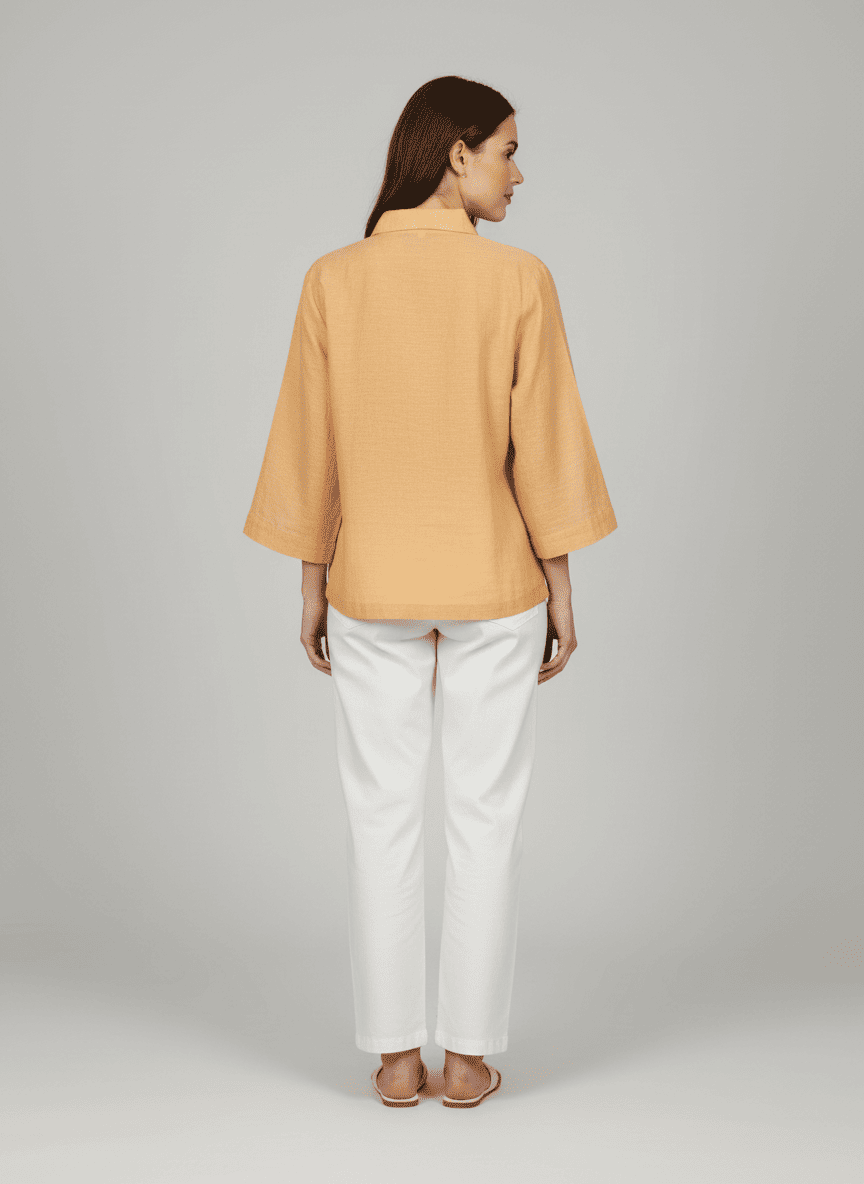Spread Collared Shirt With Center Placket- Bell Sleeves