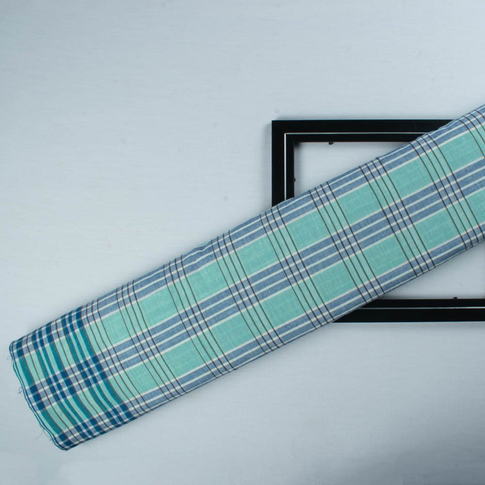 Check White Blue and Green Pure Cotton 100 GSM Handwoven Fabric