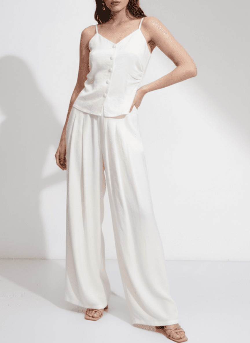 Buttoned Spaghetti Sleeves Top & Pleated Pants Co-ord Set
