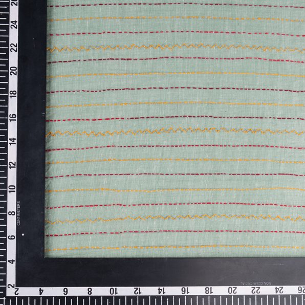STRIPE MINT GREEN KANTHA EMBROIDERED KHADI COTTON 115 GSM HANDWOVEN FABRIC