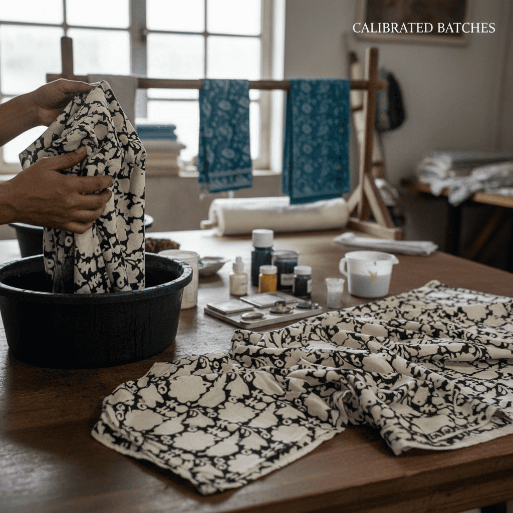 Artisan black floral hand-printed textile; fabrics wholesale dyeing batch and loom prep example.